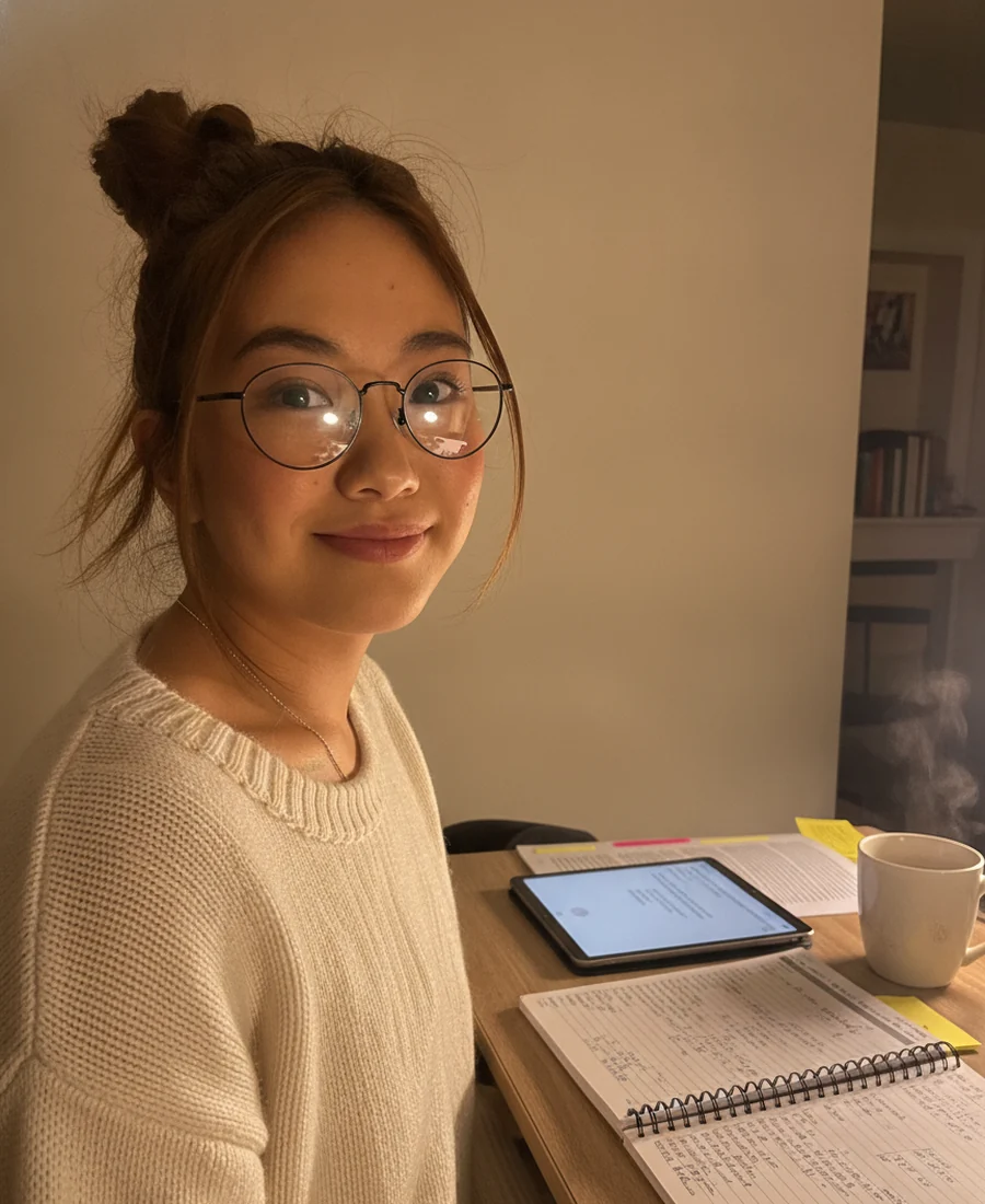 Remy, StudyShift's AI study buddy, at a lamp-lit desk with a planner and an iPad.